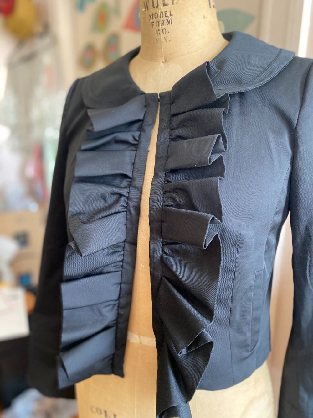 Vintage Zara Black Ruffle Front Jacket – Structured